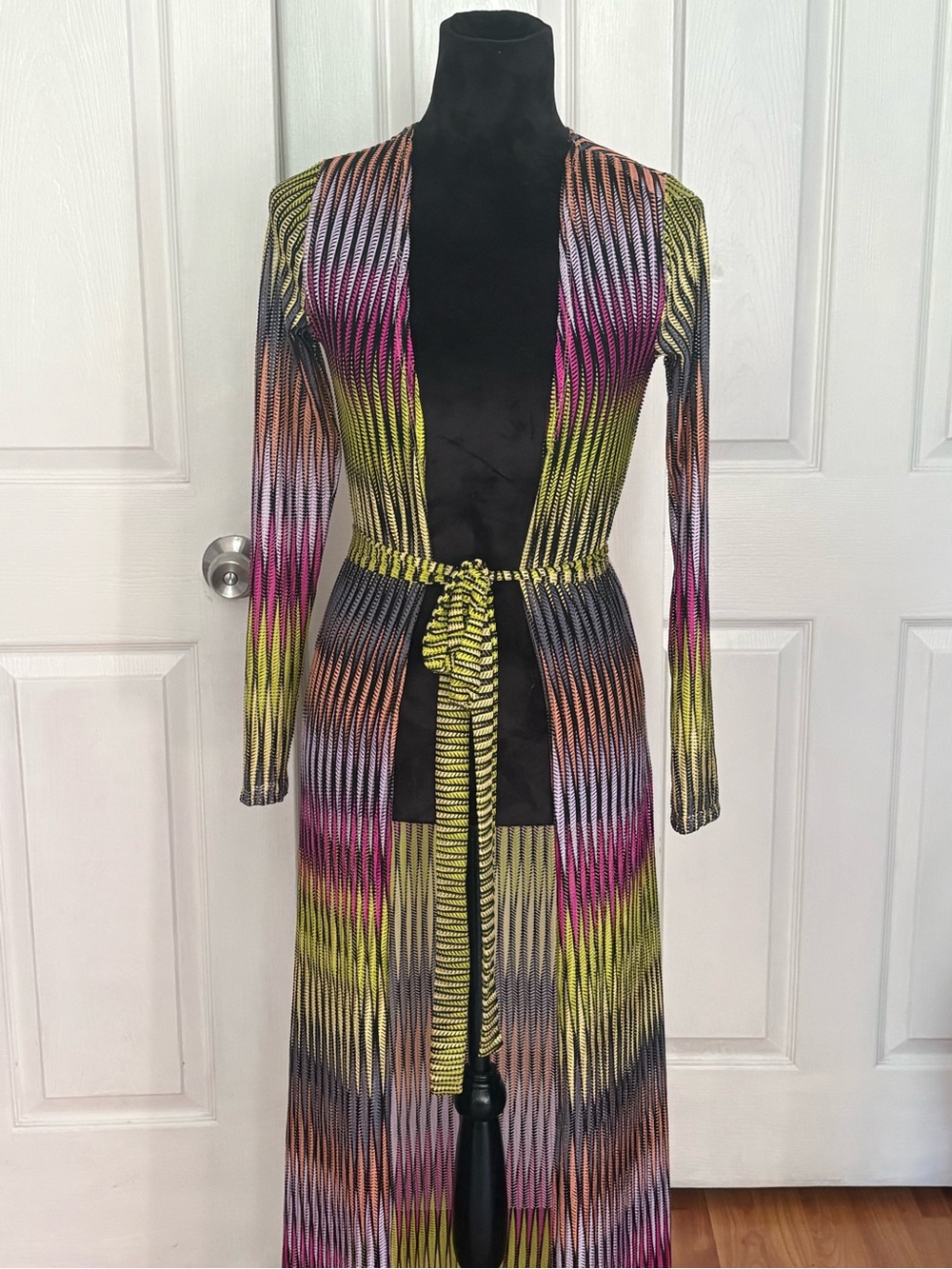 Multicolor Ribbed Knit Maxi Coverup with Belt